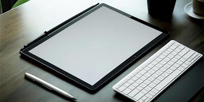 digital läsplatta, tom skärm falsk upp, penna och tangentbord på skinande trä- tabell. generativ ai foto