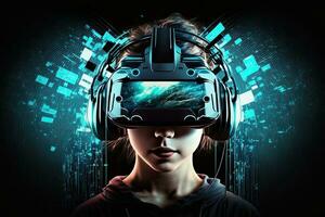 trogen kvinna i virtuell verklighet glasögon på de bakgrund av en neon stad. cyberpunk, retrovåg, synthwave, hög definition, konst, generativ artificiell intelligens. foto