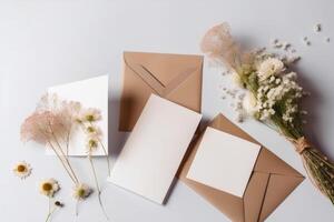 topp se av tom vit inbjudan kort med kuvert, vild blommor på bakgrund. falsk upp mall för design eller produkt placering skapas använder sig av generativ ai. foto