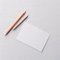 topp se Foto av tom vit papper och Färg pennor platt lägga, falsk upp för placering din design. generativ ai.