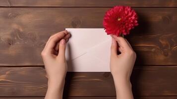 topp se Foto av kvinna innehav en röd dahlia blomma och kuvert mockup, generativ ai.