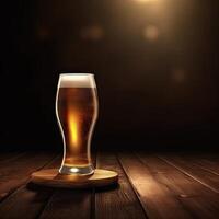 glas av kall öl på rustik trä- tabell, mörk bakgrund. generativ ai. foto