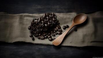 topp se av mörk brun steka kaffe bönor på hampa remsa och trä- bakgrund. generativ ai. foto