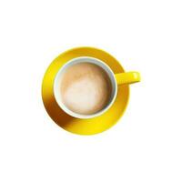 över huvudet se av mjölk te eller kaffe kopp med gul fat 3d ikon foto