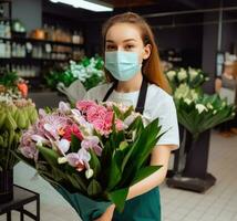 porträtt av ung blomsterhandlare flicka bär mask och innehav skön bukett i henne blommig affär, generativ ai. foto