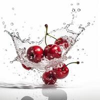 saftig färsk körsbär stänk in i vatten, mat levitation. skapas förbi generativ ai. foto