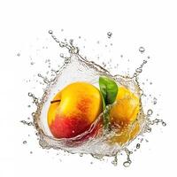 saftig färsk mango stänk in i vatten mot vit bakgrund, mat levitation. generativ ai teknologi. foto
