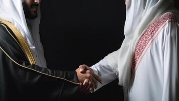 beskurna bild av företag handslag mellan två arab man på svart bakgrund. generativ ai. foto