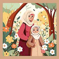 illustration av muslim kvinna med henne dotter bär hijab på blommig natur bakgrund. begrepp av mors dag. skapas förbi generativ ai teknologi. foto