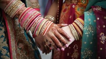 beskurna bild av vänlig eller tillfällig handslag mellan indisk kvinnor i deras traditionell klädsel. foto