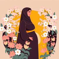 illustration av arab gravid kvinna i traditionell klädsel och blommig dekorerad på bakgrund. begrepp av graviditet, föräldraskap, mödrar dag. skapas förbi generativ ai teknologi. foto