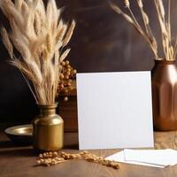 tom vit papper kort attrapp med gyllene torr spannmål gräs vas på trä- tabell, generativ ai. foto
