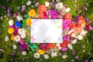 topp se av papper kort attrapp på flerfärgad blommig och gräs äng bakgrund, generativ ai. foto
