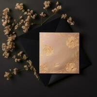 topp se av lyx fest eller bröllop inbjudan kort med torr gräs blomma på svart bakgrund . generativ ai. foto