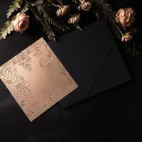 lyx fest eller bröllop inbjudan kort med gyllene blomma på svart bakgrund och kopia Plats. generativ ai. foto