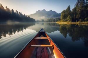 kanot flytande på en lugn berg sjö omgiven förbi lång tall träd på en fredlig morgon. ai genererad foto