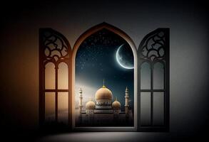 en fönster skildrar ett islamic moské på natt med måne och utlåning. i stil av islamic stad. välvd dörröppningar. eid al fitr bakgrund av fönster. ramadan islamic lykta på en tabell förbi ai genererad foto