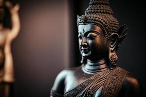 en thai buddha staty sitter och mediterar på buddist tempel. gammal thailand buddha ansikte. bakgrund för Vesak festival firande. Vesak dag begrepp. Vesak firande dag hälsningar förbi ai genererad foto