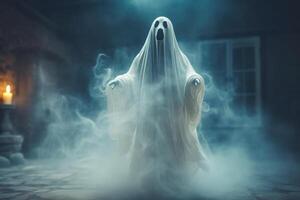 mänsklig i läskigt spöken kostym flygande inuti de gammal hus eller skog på natt. läskigt halloween bakgrund med spöke. spöke på halloween firande begrepp förbi ai genererad foto