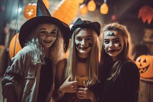 tonåringar vänner i kostymer fira och har roligt på halloween fest. ung människor på kostymer fest halloween firande begrepp förbi ai genererad foto