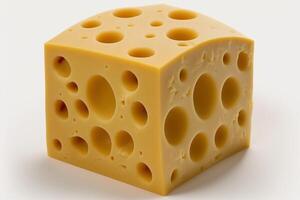 utsökt bit av Cheddarost ost utan förpackning på vit bakgrund. emmental ost kil. schweiziska, italiensk mejeri färsk organisk produkt. för ost festival mat eller värld ost dag förbi ai genererad foto