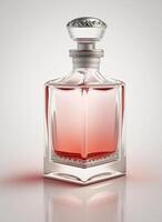 en hög klass flaska av glas parfym med ljus röd flytande. aromatisk parfym flaskor på vit bakgrund. skönhet produkt, kosmetisk, parfym dag, doft dag eller parfym lansera händelse förbi ai genererad foto