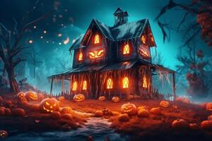 besatt hus på halloween firande begrepp. läskigt hus halloween bakgrund med folktom byggnad och pumpa. skrämmande hus med kuslig byggnad på natt förbi ai genererad foto
