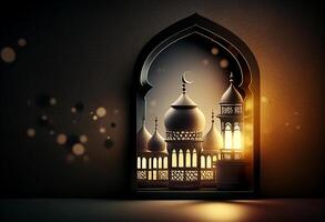 en fönster skildrar ett islamic moské på natt med måne och utlåning. i stil av islamic stad. välvd dörröppningar. eid al fitr bakgrund av fönster. ramadan islamic lykta på en tabell förbi ai genererad foto