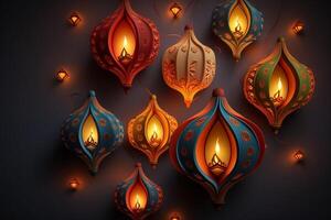 Lycklig diwali eller deepavali traditionell indisk festival med lampa eller himmel lykta. indisk hindu festival av ljus med lampa eller ljus. natt himmel flytande lyktor under diwali firande förbi ai genererad foto