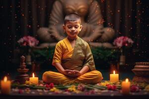en ung buddha sitter i en trädgård med en lotus och ljus. bakgrund för Vesak festival firande. Vesak dag begrepp. Vesak firande dag hälsningar förbi ai genererad foto