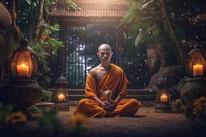 en buddha sitter i en trädgård med en lotus och ljus. bakgrund för Vesak festival firande. Vesak dag begrepp. Vesak firande dag hälsningar förbi ai genererad foto