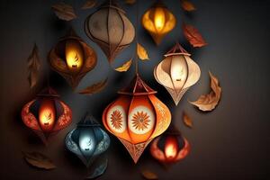 Lycklig diwali eller deepavali traditionell indisk festival med lampa eller himmel lykta. indisk hindu festival av ljus med lampa eller ljus. natt himmel flytande lyktor under diwali firande förbi ai genererad foto