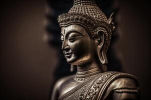 en thai buddha staty sitter och mediterar på buddist tempel. gammal thailand buddha ansikte. bakgrund för Vesak festival firande. Vesak dag begrepp. Vesak firande dag hälsningar förbi ai genererad foto