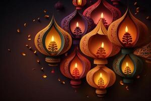 Lycklig diwali eller deepavali traditionell indisk festival med lampa eller himmel lykta. indisk hindu festival av ljus med lampa eller ljus. natt himmel flytande lyktor under diwali firande förbi ai genererad foto