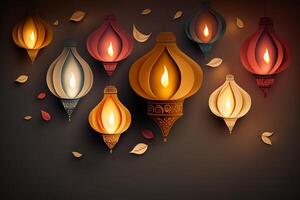 Lycklig diwali eller deepavali traditionell indisk festival med lampa eller himmel lykta. indisk hindu festival av ljus med lampa eller ljus. natt himmel flytande lyktor under diwali firande förbi ai genererad foto
