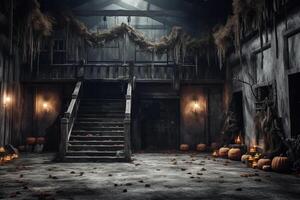 besatt hus på halloween firande begrepp. läskigt hus halloween bakgrund med folktom byggnad och pumpa. skrämmande hus med kuslig byggnad på natt förbi ai genererad foto