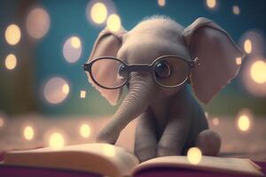 de bokmal elefant en söt liten elefant läsning en bok med glasögon ai genererad foto