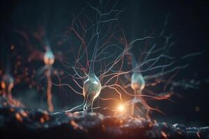 upplyst neuronal anslutningar utforska en nätverk av neuroner genom en mikroskop ai genererad foto