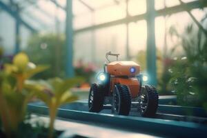 trogen växthus arbetskraft robotar på spela ai genererad foto