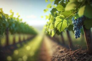 romantisk se från en vingård med vindruvor och vinstockar ai genererad foto