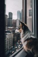 längtar visningar en hund gazing ut av en höghus fönster till en livliga stadsbild ai genererad foto