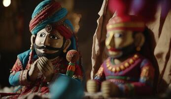 färgrik trä- dockor av traditionell indisk marionett teater ai genererad foto