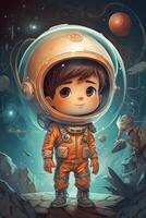 de liten astronaut en magisk äventyr i djärv färger och komisk stil ai genererad foto