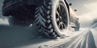 illustration vinter- däck i de snö med däck spår ai genererad innehåll foto