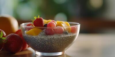 friska frukost skål med chia utsäde pudding och färsk frukt ai genererad foto