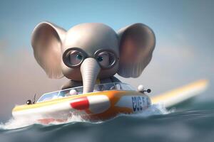 äventyrlig liten elefant bär glasögon fortkörning i en motorbåt ai genererad foto