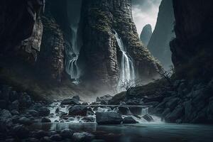 förtrollade kinesisk landskap majestätisk berg, cascading vattenfall, och mystisk grottor ai genererad foto