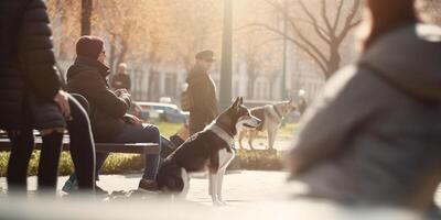 hund ägare njuter en avkopplande dag med deras hårig vänner i de stad parkera ai genererad foto