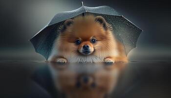 förtjusande pomeranian hund Sammanträde under ett paraply reflekterande i en pöl ai genererad foto