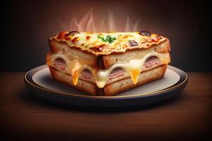 knaprig godhet unna sig i de klassisk franska croque monsieur smörgås ai genererad foto